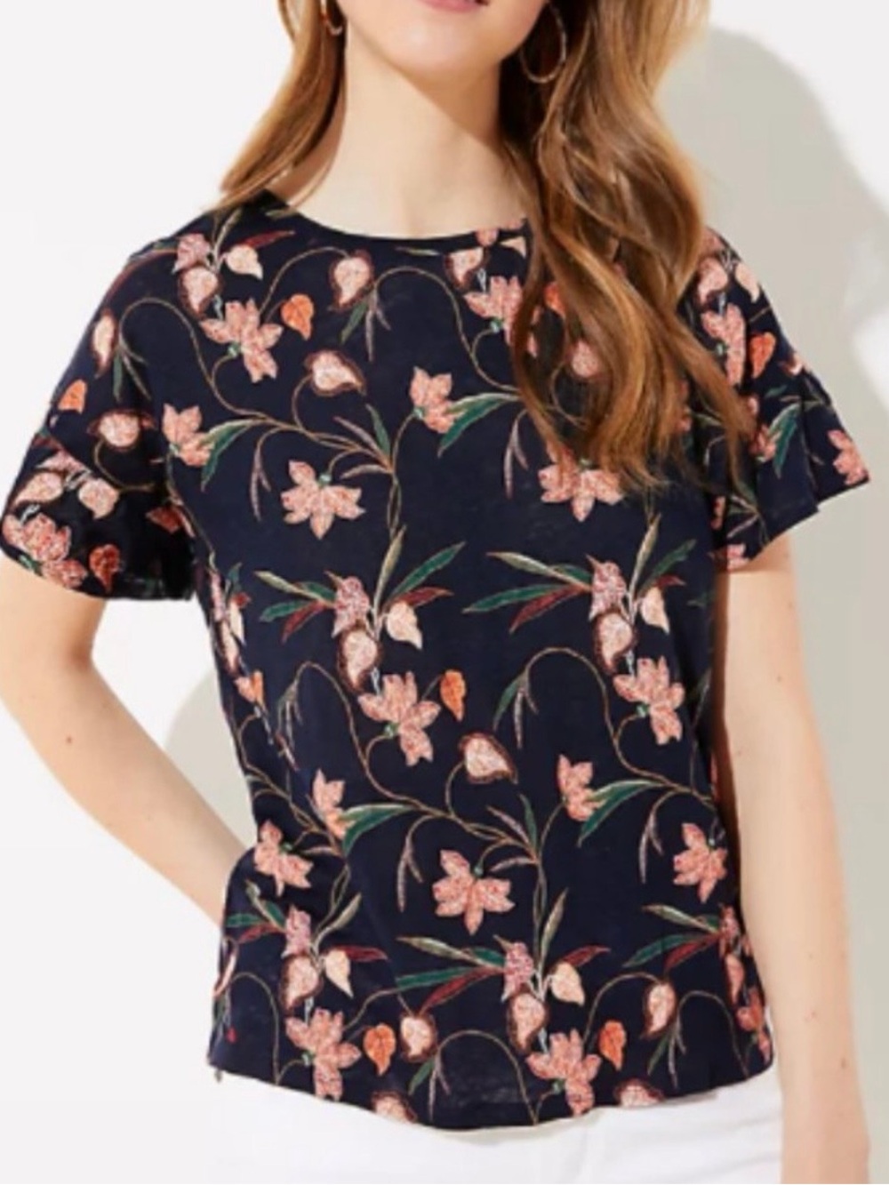 LOFT Floral Ruffle-Sleeve Linen Navy Top with Pink Flowers Size Large